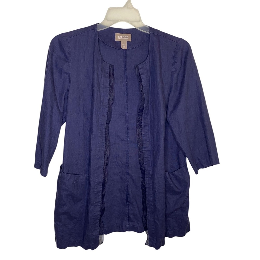 Chicos Womens Navy Blue 100% Linen Open Front shirt Jacket Pockets Size 1 Medium